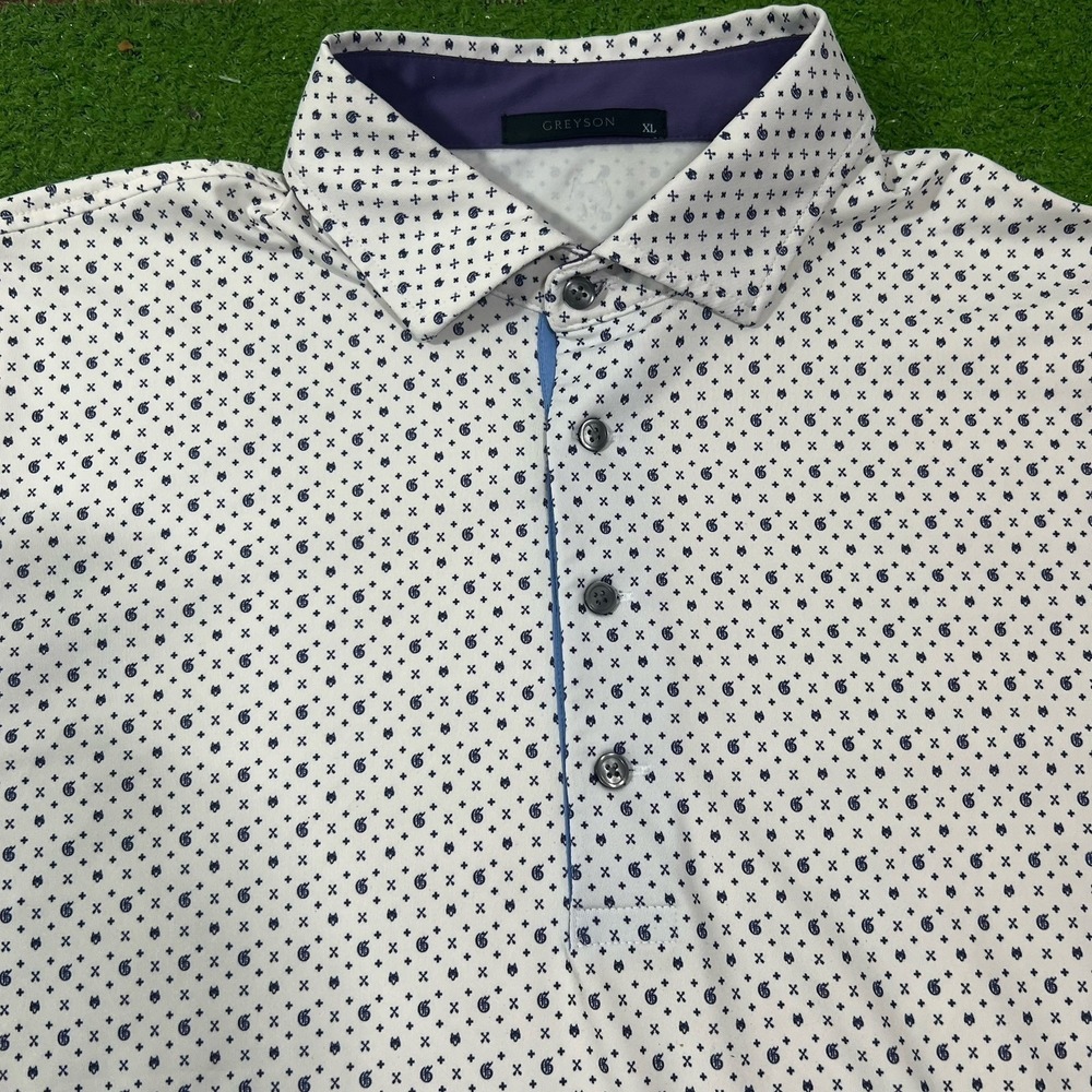 Greyson‎ Golf Polo XL Logo Wolf Heads All Over Blue Stretch Performance